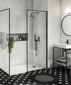 Arezzo 1400 x 900 Walk In Enclosure (incl. 800 Matt Black Framed Screen, Side Panel + White Tray)