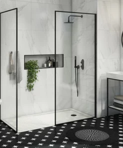 Arezzo 1600 x 800 Walk In Enclosure (incl. 900 Matt Black Framed Screen, Side Panel + White Tray)