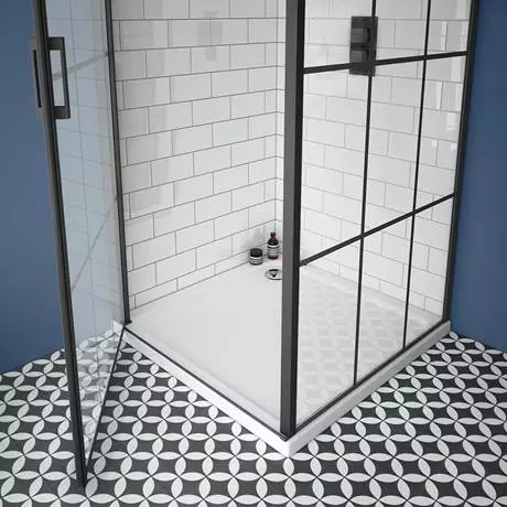 Arezzo 800 x 800 Matt Black Grid Frameless Pivot Door Shower Enclosure + Tray 2 Arezzo 800 x 800 Matt Black Grid Frameless Pivot Door Shower Enclosure + Tray - Image 2