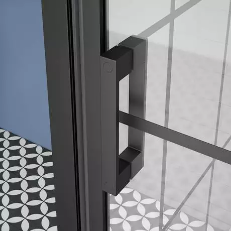 Arezzo 800 x 800 Matt Black Grid Frameless Pivot Door Shower Enclosure + Tray 3 Arezzo 800 x 800 Matt Black Grid Frameless Pivot Door Shower Enclosure + Tray - Image 3