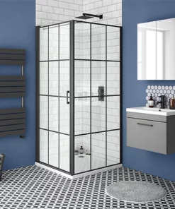 Arezzo 800 x 800 Matt Black Grid Frameless Pivot Door Shower Enclosure + Tray
