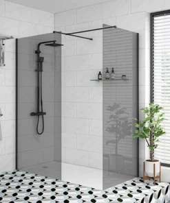 Arezzo Matt Black 1400 x 900 Grey Tinted Glass Wet Room (inc. Screen, Side Panel + Tray)