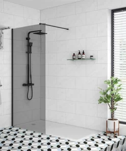 Arezzo Matt Black 1200 x 800 Grey Tinted Glass Wet Room (700mm Screen + Tray)