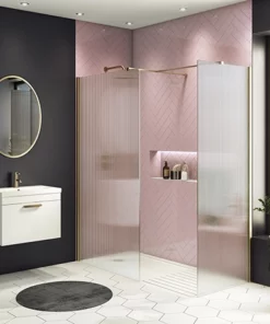 Arezzo 1600 x 800 Fluted Glass Brushed Brass Walk In Enclosure (inc. Main Screen, Side Panel + Tray)