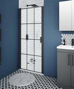 Arezzo 800mm Matt Black Grid Frameless Pivot Shower Door + Tray for Recess