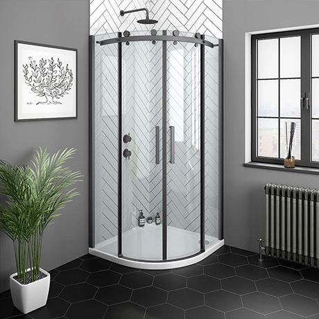 Arezzo Matt Black 900 x 900mm Frameless Quadrant Shower Enclosure 1 Arezzo Matt Black 900 x 900mm Frameless Quadrant Shower Enclosure