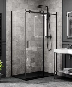 Arezzo Matt Black 1200 x 900 Frameless Sliding Door Shower Enclosure with Black Tray