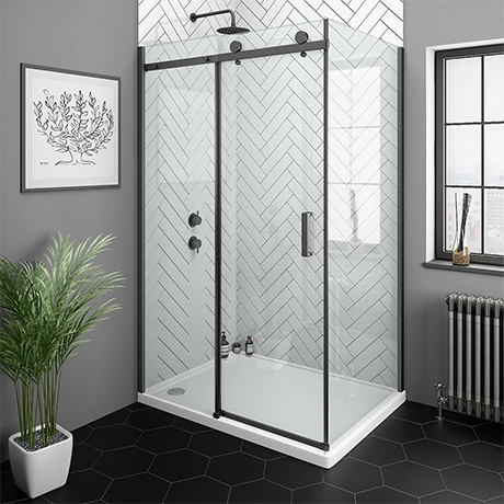 Arezzo Matt Black 1400 x 700 Frameless Sliding Door Shower Enclosure 1 Arezzo Matt Black 1400 x 700 Frameless Sliding Door Shower Enclosure