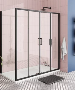 Toreno Matt Black 1700 x 800mm Double Sliding Door Shower Enclosure + Pearlstone Tray