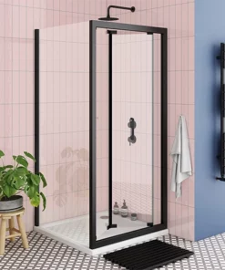 Toreno Matt Black 760 x 760mm Bi-Fold Door Shower Enclosure + Pearlstone Tray