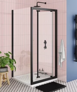 Toreno Matt Black 900 x 900mm Bi-Fold Door Shower Enclosure + Pearlstone Tray