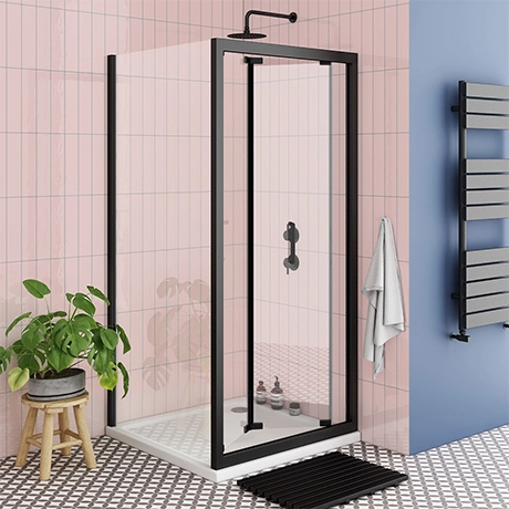 Toreno Matt Black 900 x 900mm Bi-Fold Door Shower Enclosure + Pearlstone Tray 1 Toreno Matt Black 900 x 900mm Bi-Fold Door Shower Enclosure + Pearlstone Tray