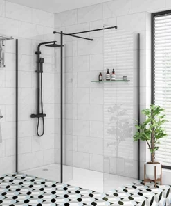 Arezzo 1950mm Matt Black Profile Wetroom Screen + Square Support Arm