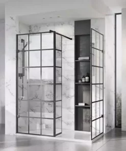 Roman Liberty Black Grid Wetroom Screen + Wall Arm Support - Various Sizes (2000mm High) -Shower Enclosure Ranges Shop GPB757 D2 460