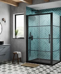 Hudson Reed Matt Black 1400 x 900mm Sliding Door Shower Enclosure + Black Tray