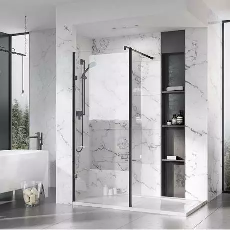 Roman Liberty Black Clear Glass Wetroom Screen + Wall Arm Support - Various Sizes (2000mm High) 2 Roman Liberty Black Clear Glass Wetroom Screen + Wall Arm Support - Various Sizes (2000mm High) - Image 2