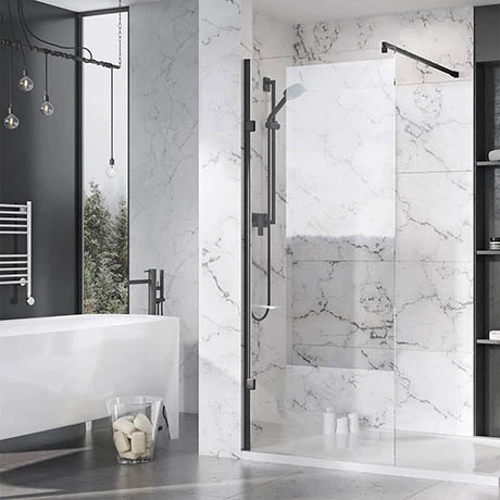 Roman Liberty Black Clear Glass Wetroom Screen + Wall Arm Support - Various Sizes (2000mm High) 1 Roman Liberty Black Clear Glass Wetroom Screen + Wall Arm Support - Various Sizes (2000mm High)