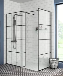 Arezzo 1950mm Matt Black Grid Wetroom Screen + Support Arm