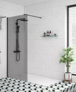 Arezzo 1900mm Grey Tinted Glass Wetroom Screen inc. Matt Black Profile + Support Arm -Shower Enclosure Ranges Shop MBTG nd2 460
