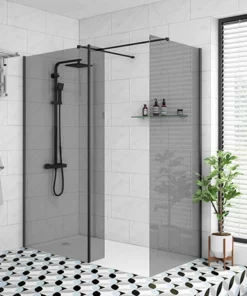 Arezzo 1900mm Grey Tinted Glass Wetroom Screen inc. Matt Black Profile + Support Arm