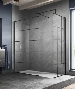 Venice 1400 x 900 Matt Black Abstract Grid Wet Room (incl. Screen, Side Panel + Tray)
