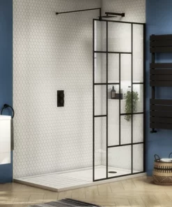 Venice 1400 x 900 Matt Black Abstract Grid Wet Room (800mm Screen + Tray)